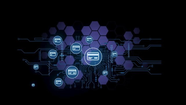 The scene shows a network of blue and purple circuit patterns. Various connected symbols represent digital technology and data flow. The design has a modern and technological feel.