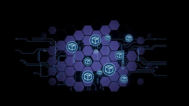 Visual shows a design with hexagonal shapes and symbols of boxes connected by a network of lines. The colors are dark and light blue, creating a tech-focused feeling.
