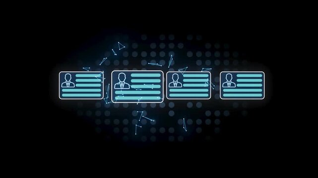 Four identification cards are shown with a background of digital patterns. Blue lines connect the cards, suggesting a network or data flow.