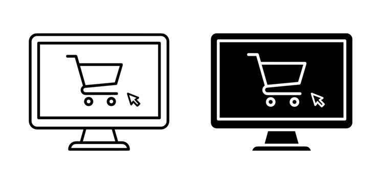 Two simple line art icons of a computer monitor displaying a shopping cart and a cursor indicating online shopping choice