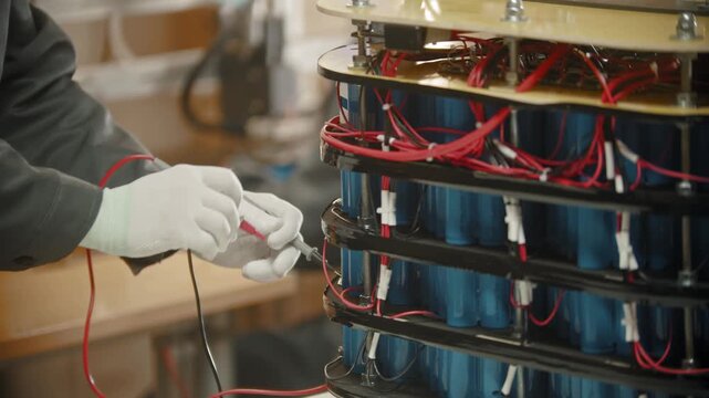 Technician measuring voltage of a lithium-ion battery pack
