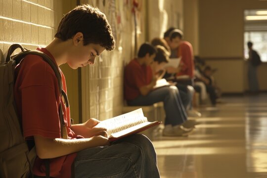Teenage boy reading book sitting on hallway floor with other students studying