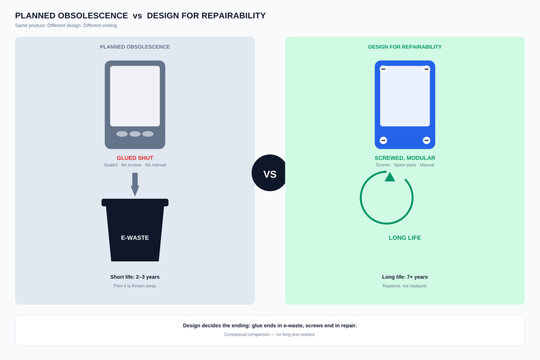 Planned obsolescence versus design for repairability comparison vector illustration