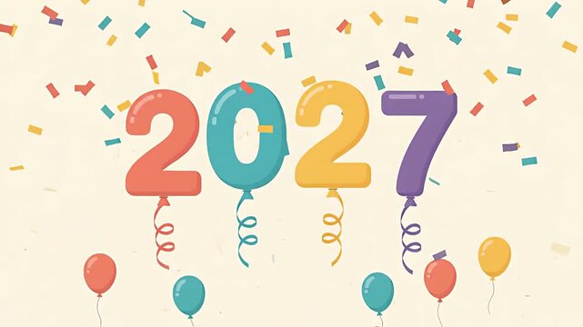 Colorful 2027 numeral balloons floating with falling confetti for New Year celebration.