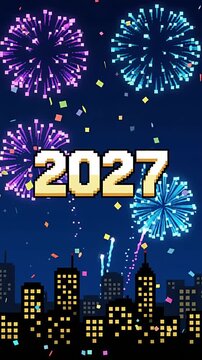 Pixel art animation of Happy New Year 2027 with colorful fireworks exploding over a dark city skyline.