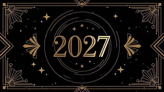 Elegant Happy New Year 2027 animation featuring gold Art Deco style elements on a black background.