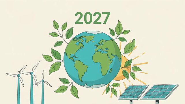 Global Sustainability and Renewable Energy Concept Animation for the Year 2027.