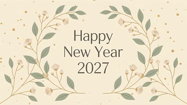 Elegant Happy New Year 2027 Greeting with Growing Floral Wreath Animation.