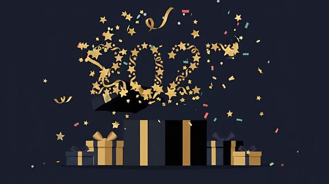 Happy New Year 2027 Festive Animation with Golden Stars Popping out of Gift Box.