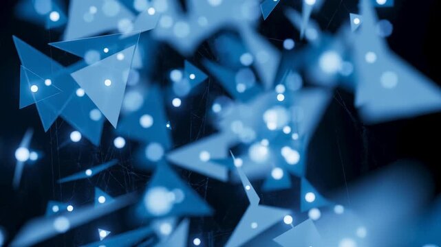 Paper planes made of blue material hang in the air. Soft lights surround them, creating a dreamy atmosphere. This scene happens at an evening event.