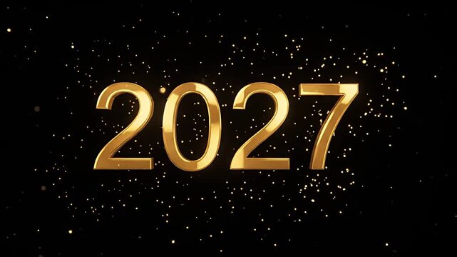 Golden 3D 2027 New Year Text Animation with Sparkling Particles and Abstract Light Waves