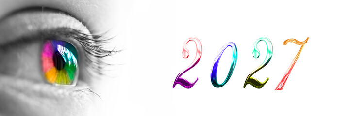 2027 and colorful rainbow eye header, new year greeting card web banner © Delphotostock