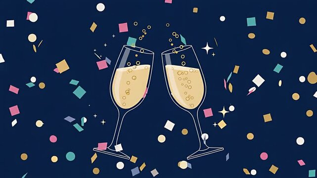 Flat Animation of Two Champagne Flutes Clinking with Falling Confetti and Sparkles.