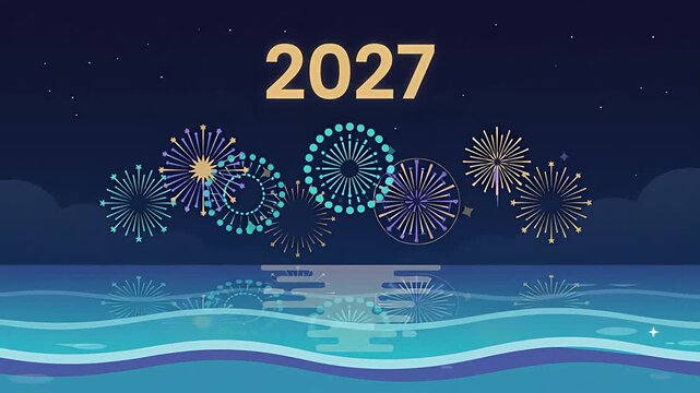 Colorful flat animation of fireworks exploding over ocean waves with 2027 text for New Year celebration.