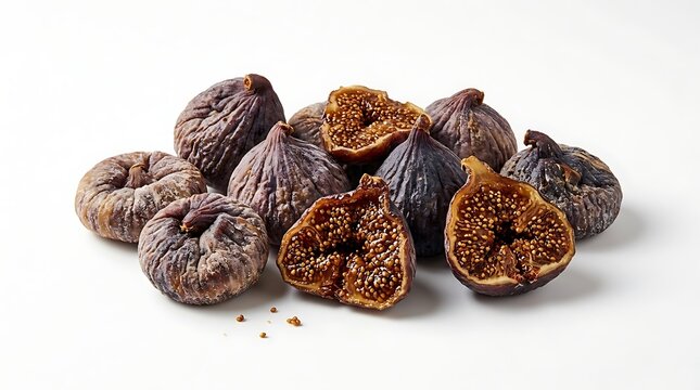 Sweet dried figs arranged on a clean white background for food photography