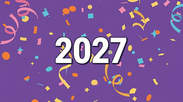 Colorful New Year 2027 Celebration Animation with Confetti and Party Poppers on Purple Background.