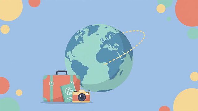 A vibrant flat animation featuring an airplane flying around a globe with travel essentials for the year 2027.