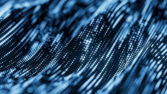 The scene shows a display of wave-like patterns formed by tiny dots in varying shades of blue against a black background. This artwork represents digital data and technology.