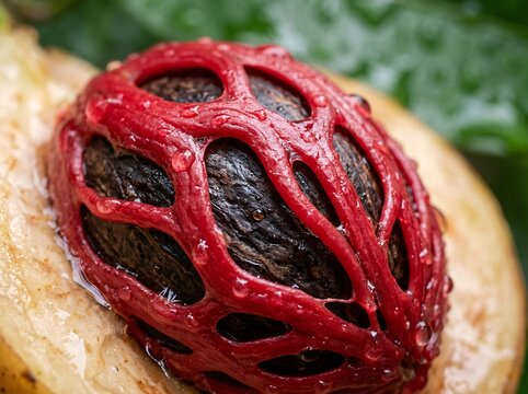 Fresh nutmeg seed with red mace aril in macro view for culinary and
