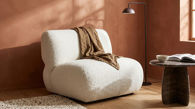 Sculptural upholstered accent chair in contemporary living room corner, warm terracotta wall, minimalist floor lamp, small side table, modern furniture design.