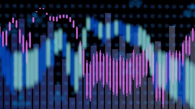 This scene displays a digital representation of stock market trends with colorful bars and lines. The patterns show changes in stock values and trading volume over a specific period.