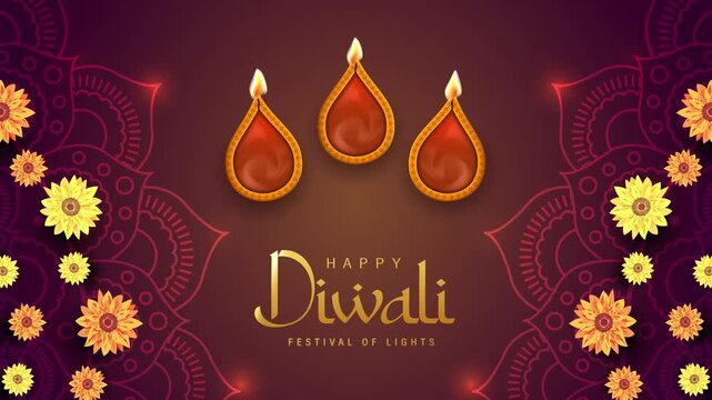 Happy Diwali Festival of Lights with Three Glowing Diyas, Floral Decorations and Mandala Background 4K Motion Graphics Animation