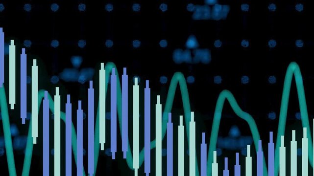 Graph shows fluctuations in stock prices over time with vertical bars representing high and low values. Lines display overall trends in a financial analysis context.