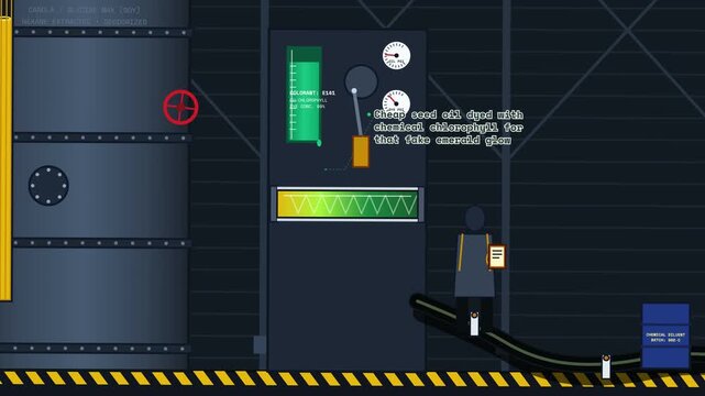 Animated infographic explaining the process of counterfeit olive oil production, showing cheap seed oil dyed with chlorophyll, bottled, and sold falsely as premium extra virgin olive oil