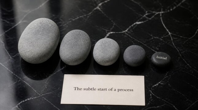 Five graduated smooth gray river stones on black marble surface with text card reading The subtle start of a process and word Initial marked on the smallest rounded stone.