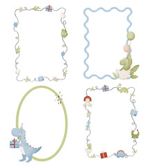 Watercolor frame with dinosaurs and plants. Dinosaurs template for birthday invitation, card banner © Svetlana