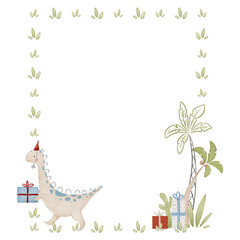 Watercolor frame with dinosaurs and plants. Dinosaurs template for birthday invitation, card banner © Svetlana