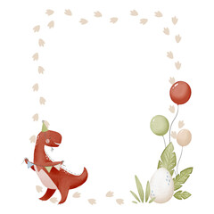 Watercolor frame with dinosaurs and plants. Dinosaurs template for birthday invitation, card banner © Svetlana