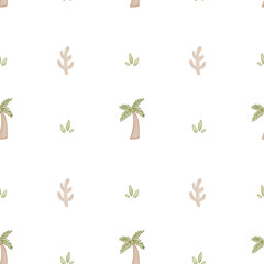 A simple and cute seamless summer pattern with cartoon palm trees on a clean white background for vacation. © Svetlana