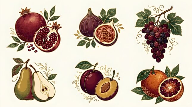 Vintage botanical fruit illustration vector set featuring detailed pomegranate, fig, grape, pear, plum, and blood orange with green leaves isolated on light background.
