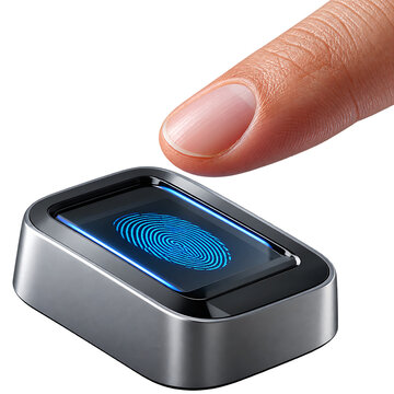 A human finger scanning a biometric fingerprint sensor for digital identity security access isolated on transparent background