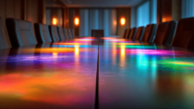 Vibrant conference room table with colorful lights, modern business meeting space for corporate discussions, team collaboration, professional networking, creative brainstorming, office presentations a