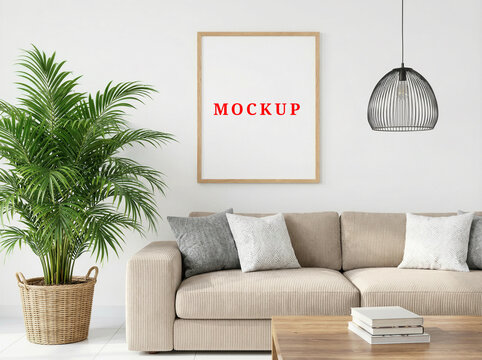 Modern living room poster mockup in a minimalist interior.