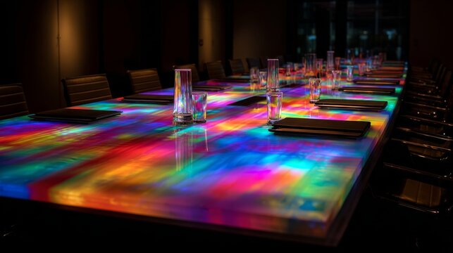 Vibrant conference room table with colorful lights, modern business meeting space for corporate discussions, team collaboration, professional networking, creative brainstorming, office presentations a