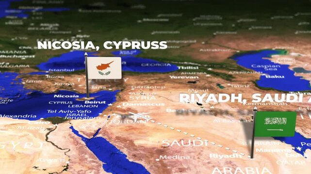 Flight From Riyadh SAUDI ARABIA to Nicosia CYPRUS with flag pins
