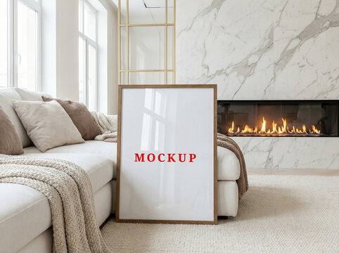 Vertical Picture Frame Mockup Modern Living Room Minimalist Interior Blank Poster Template