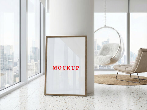 Vertical Picture Frame Mockup Modern Living Room Minimalist Interior Blank Poster Template