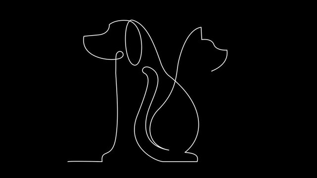 Continuous Line Drawing Animation of a Dog and Cat Sitting Together - Minimalist Pet Line Art