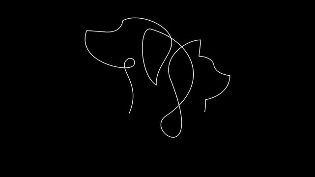Continuous Line Art Drawing of Dog and Cat Heads in Profile - Minimalist Pet Design
