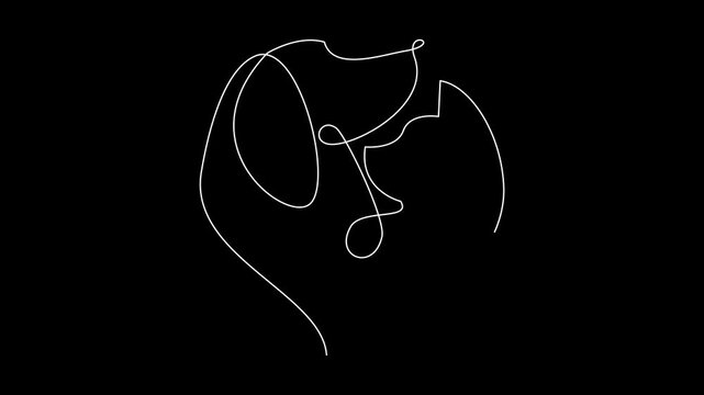 Continuous Line Drawing of Dog and Cat Heads on Black Background