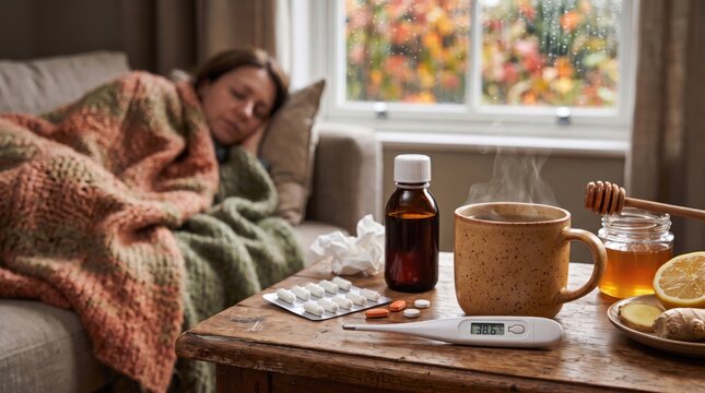 Sick woman resting under a blanket on a sofa, while a table holds hot tea with lemon, honey, pills, syrup and a thermometer showing 38.5&deg;C, representing flu, cold and seasonal illness