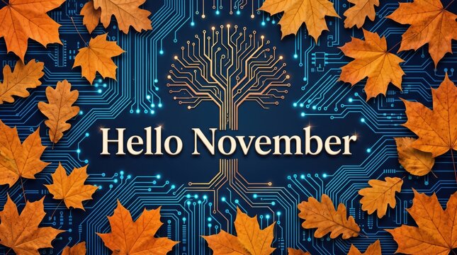 "Hello November" text on a dark blue circuit board background with a golden tech tree and autumn maple leaves around the edges, representing fall technology and greeting banner