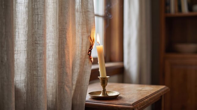 Burning candle on a wooden table setting a linen curtain on fire, representing fire hazard, home safety and the danger of unattended open flames