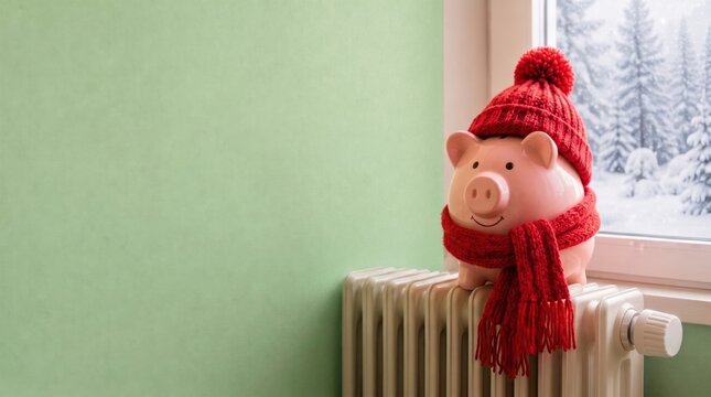 Pink piggy bank wearing a red knitted hat and scarf sitting on a radiator near a snowy window with green wall copy space, representing winter heating costs, energy saving and household budget