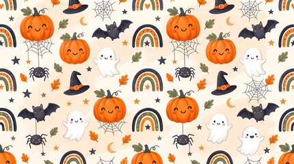 Fototapeta premium A seamless pattern featuring cute cartoon pumpkins, ghosts, bats, spider webs, witches hats, and rainbows on a light beige background, for halloween