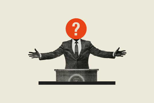 Politician speaking at podium with question mark head in collage